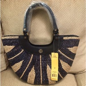 TORY BURCH Small Crescent Shape Straw Tote Natural/ Black Lined. MINT NEVER USED